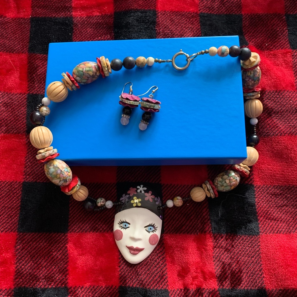 Vintage Japanese art necklace with porcelain face and earrings